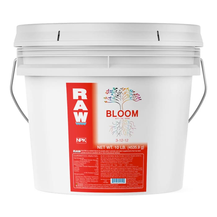 White bucket labeled "RAW BLOOM" fertilizer.