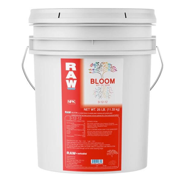 White bucket of RAW Bloom fertilizer.