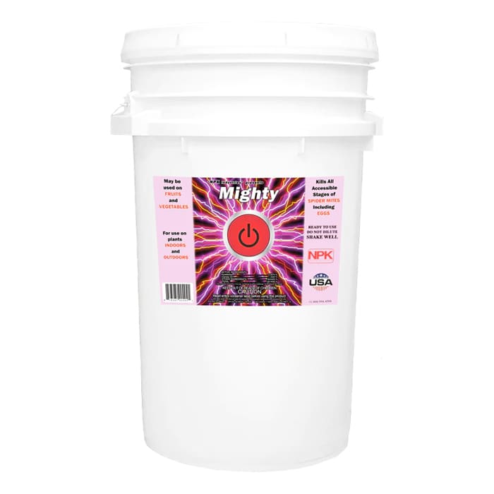 White bucket with insecticide label and graphics.