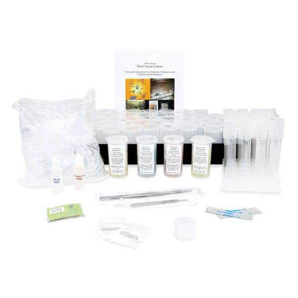 Plant tissue culture kit with various tools.