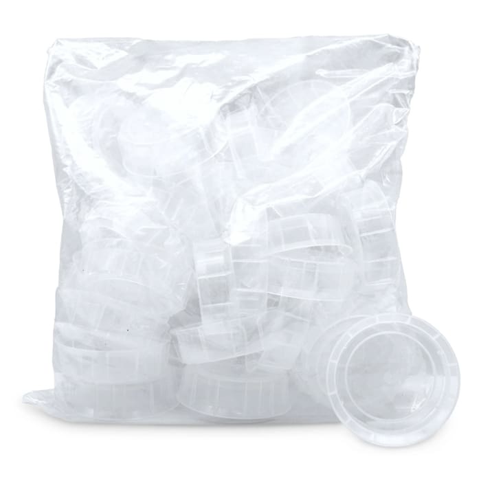 Clear plastic container caps in a bag.