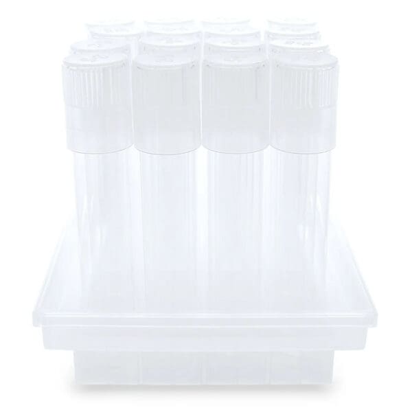 Test tubes in clear storage container.