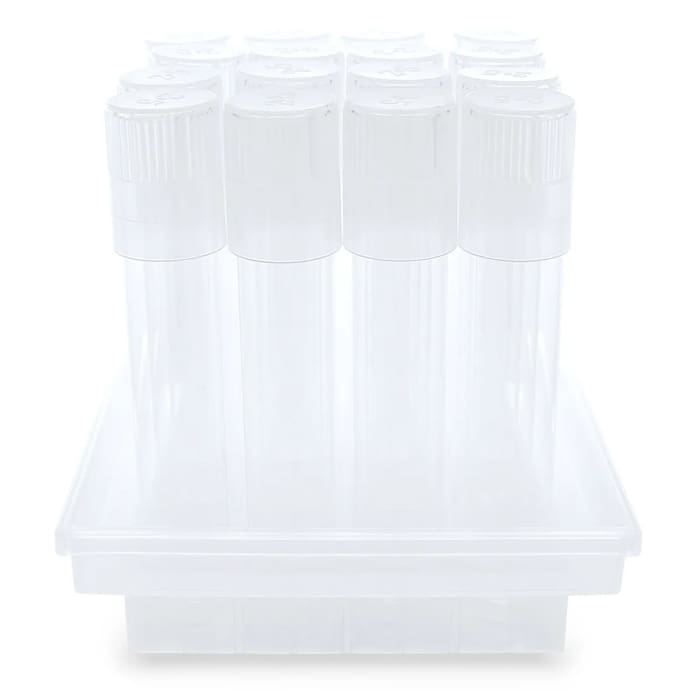 Test tubes in clear storage container.