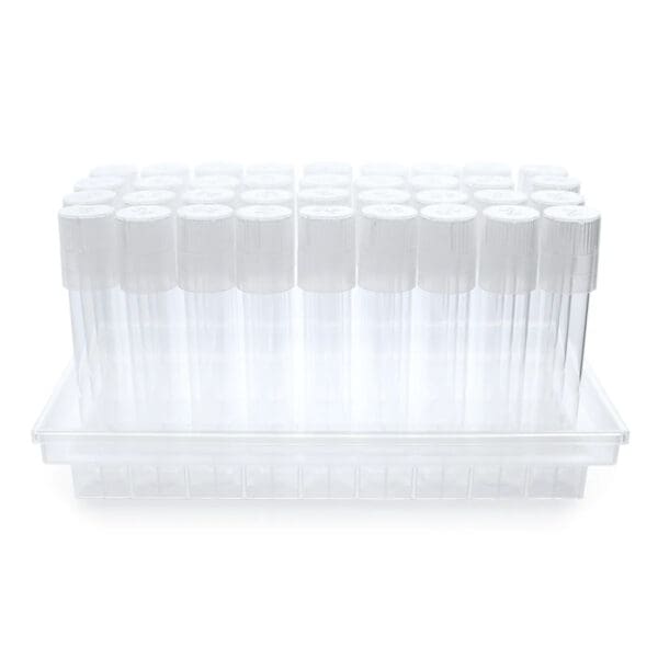 Test tubes arranged in a clear tray.