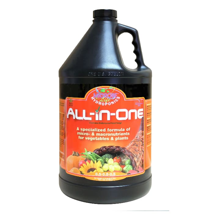 Plant nutrient bottle labeled "All-in-One".