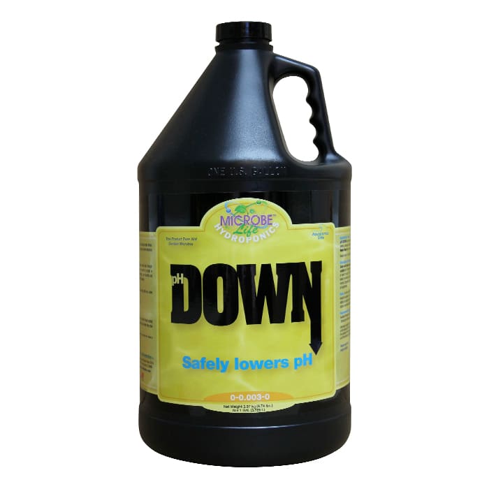 Hydroponic pH down liquid in black container.