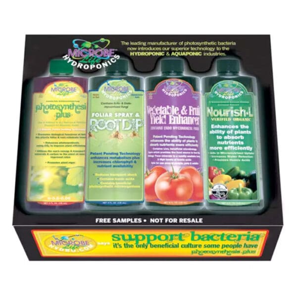 Hydroponic nutrient product bottles in packaging.