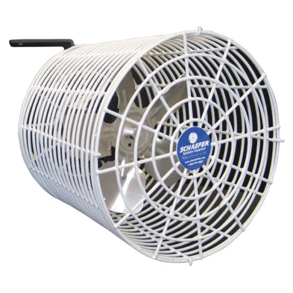 White industrial fan with protective grill.