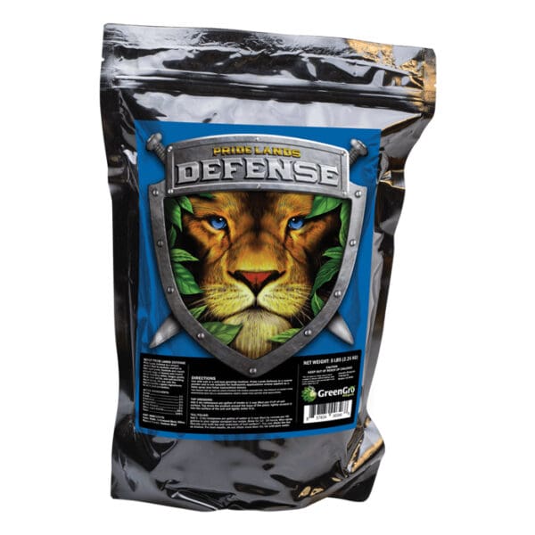 Lion-themed product packaging with shield design.