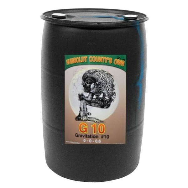 Black barrel with artistic label design.