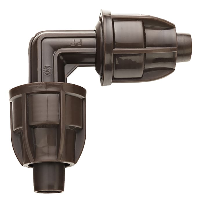 Brown plumbing elbow connector with threaded ends.