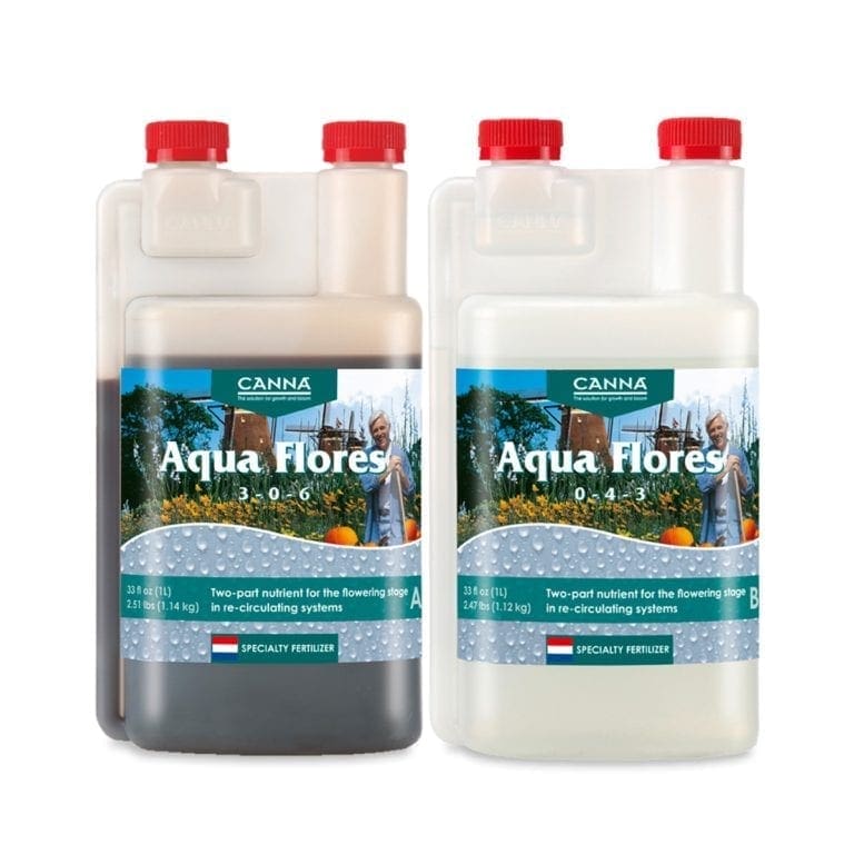 Canna Aqua Flores two-part nutrient bottles.