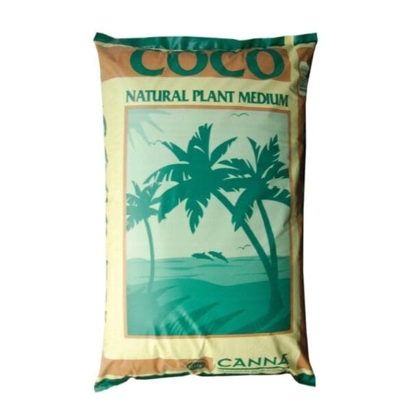 Coco natural plant medium bag with palm trees.