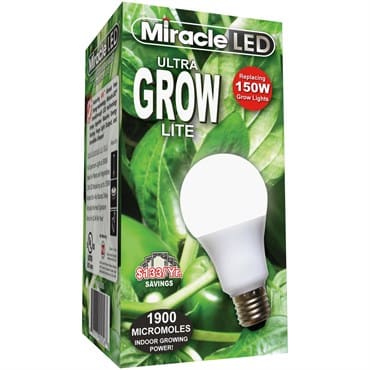 Miracle LED grow light packaging with leaves.