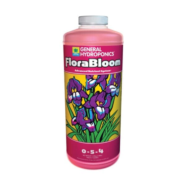 FloraBloom nutrient solution bottle with flowers.