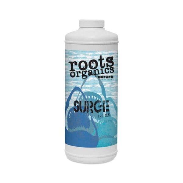 Roots Organics Surge nutrient bottle design.