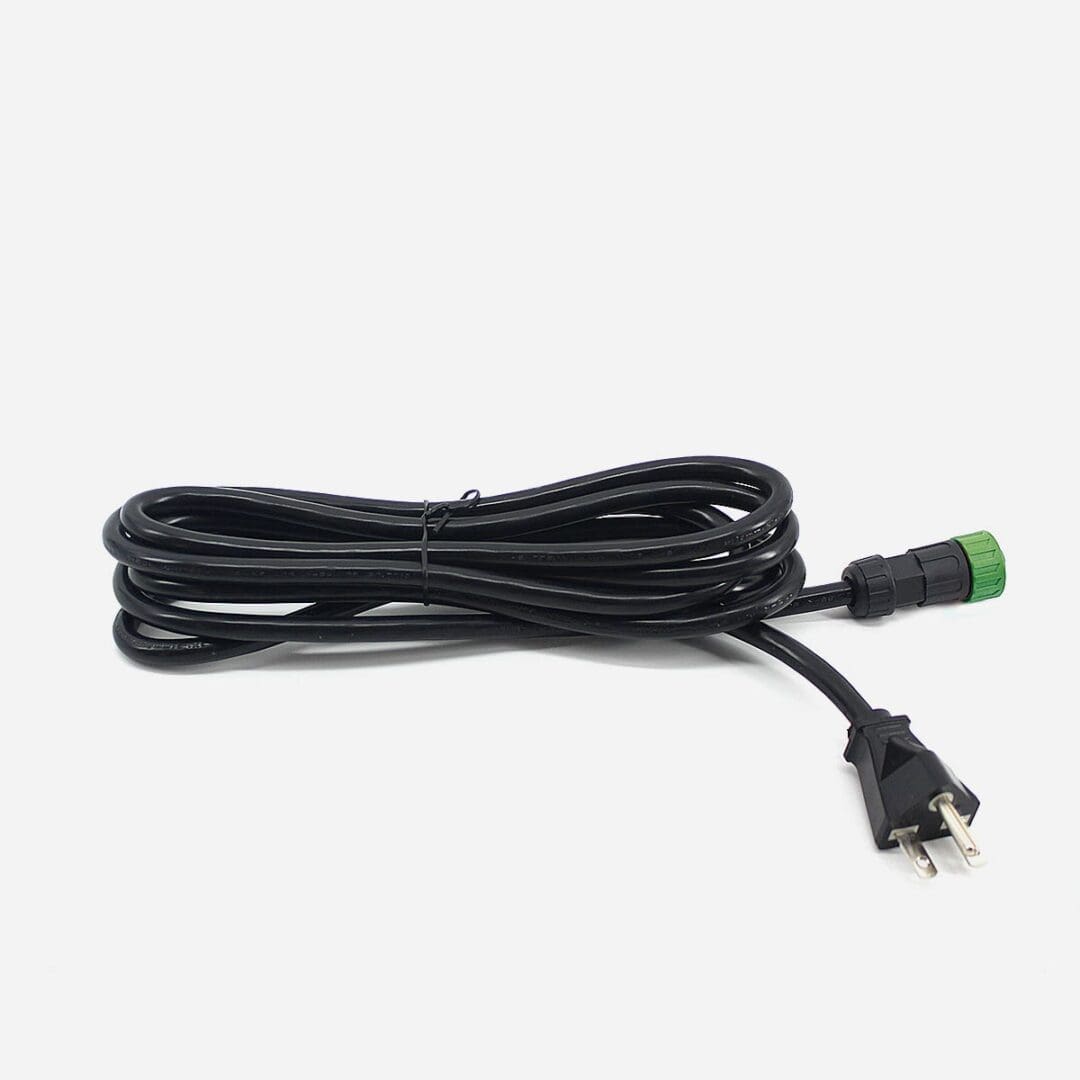 Black power cord with green connector end.