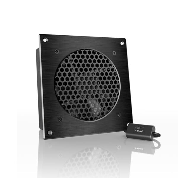 Black computer fan with hexagonal grille.