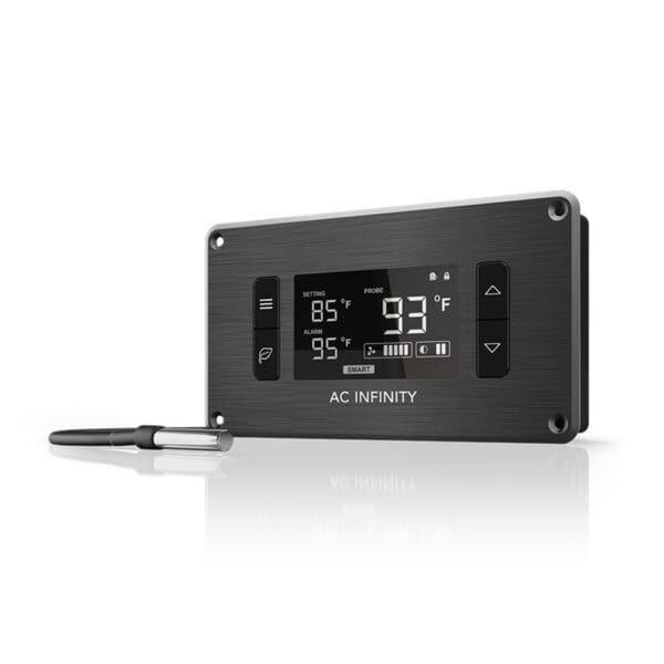 Digital temperature controller display with probe.