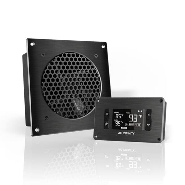 Black fan and digital temperature controller.