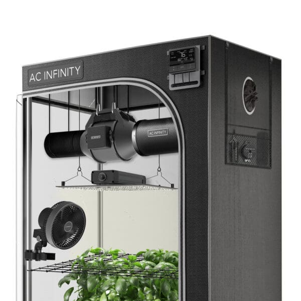 Indoor gardening equipment with plants and fans.