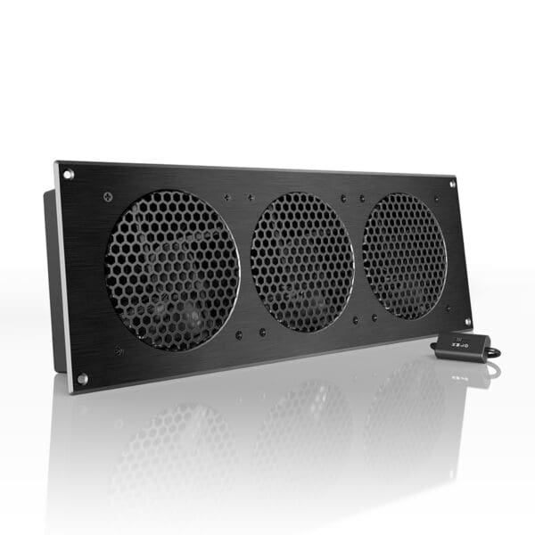 Three circular black speaker grills on unit.