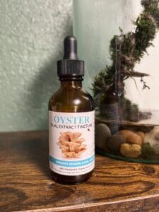 Oyster mushroom tincture bottle on wooden surface.